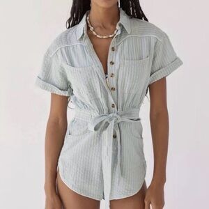 Urban Outfitters BDG Women’s Blue Striped Devon Linen Tie-Waist Romper Large